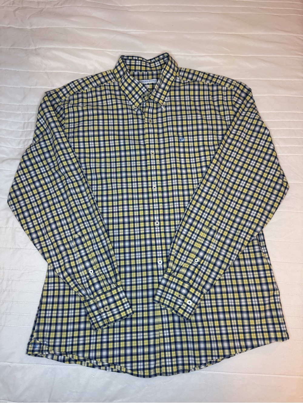 Southern Tide Large Men's Plaid Button-Down Shirt - Yellow & Blue